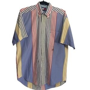 Vintage Tommy Hilfiger Mens Multicolor Vertical Stripe Short Sleeve Shirt Small